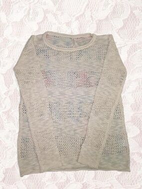 POL Light Beige Open-Weave Striped Crew Neck Sweater